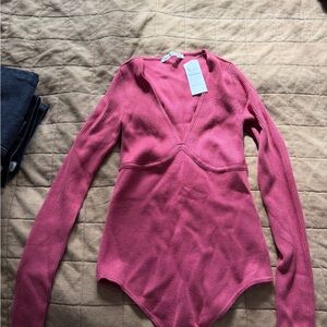 A&F Pink Ribbed V-Neck Bodysuit